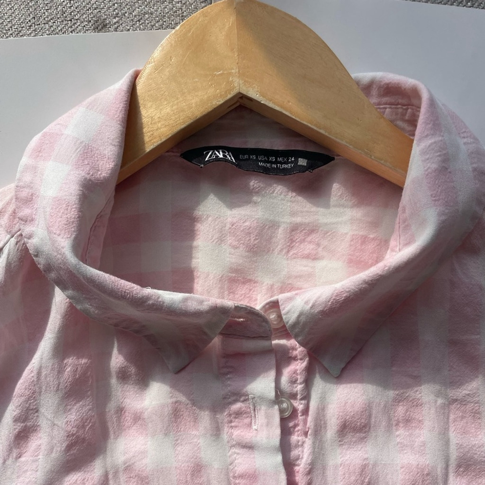 ZARA Pink & White Gingham Oversized Shirt xs Coastal Preppy Summer Button Down - Picture 5 of 6
